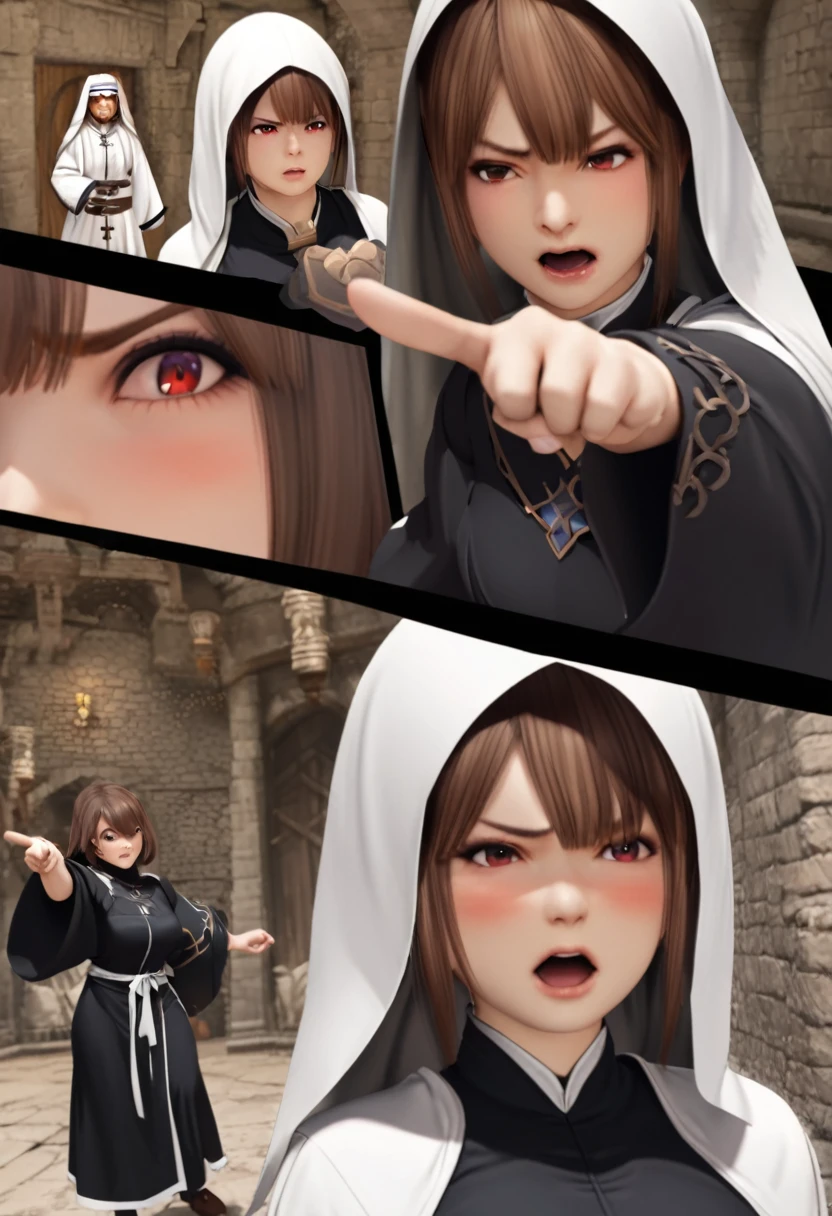 Adult female, dark fantasy, very short brown hair, red eyes, cleric, black on white cleric robes, blushing, angry, dungeon, pointing, running, highly detailed, high quality, anime