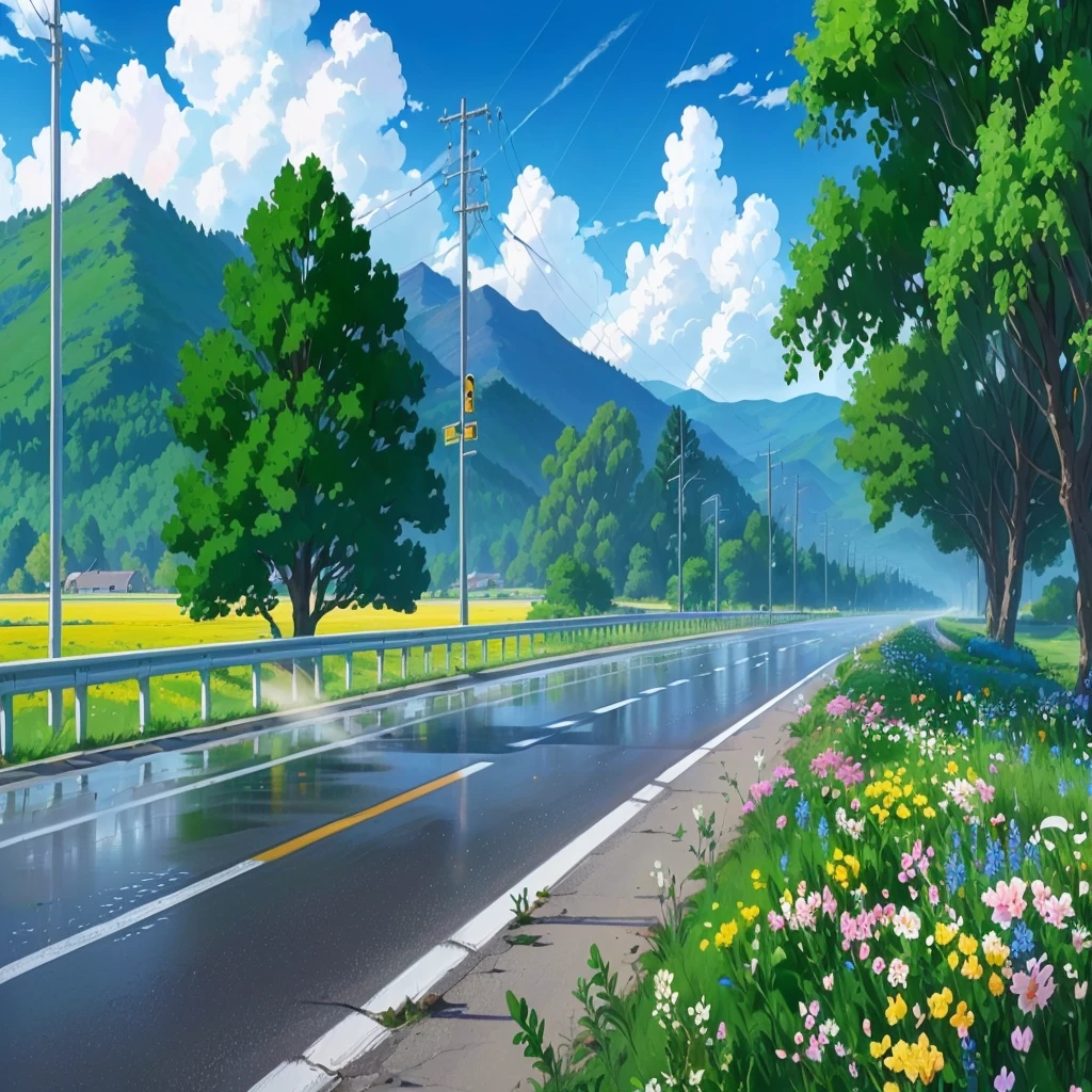 there is a painting of a road with flowers and trees, anime countryside landscape, beautiful anime scenery, anime background art, anime landscape, anime scenery, anime landscape wallpaper, detailed scenery —width 672, anime background, beautiful anime scene, anime beautiful peace scene, anime movie background, colorful anime movie background, anime scenery concept art, scenery artwork, anime nature, Flowers and trees on both sides of the road, Light through the clouds, A road with flowers and only one car running on it. plains, highways, Sunny and rainy, Half rainy and half sunny, Raindrops in the air, Mountains in the distance, Mountain vegetation