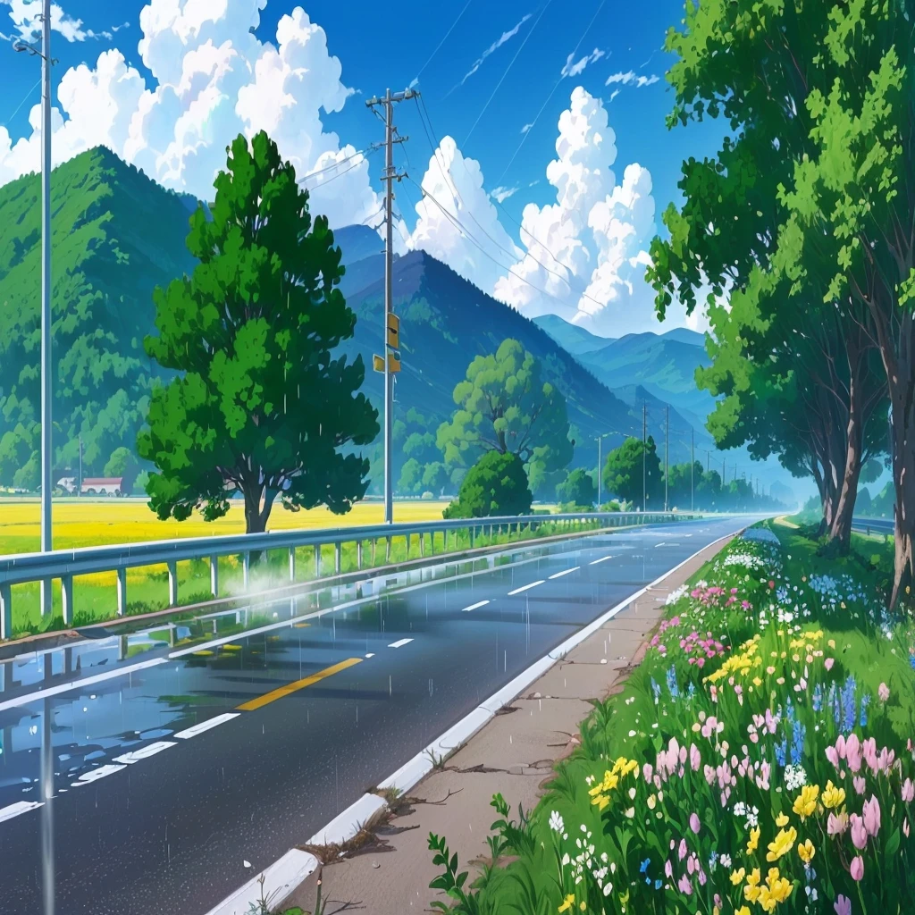 there is a painting of a road with flowers and trees, anime countryside landscape, beautiful anime scenery, anime background art, anime landscape, anime scenery, anime landscape wallpaper, detailed scenery —width 672, anime background, beautiful anime scene, anime beautiful peace scene, anime movie background, colorful anime movie background, anime scenery concept art, scenery artwork, anime nature, Flowers and trees on both sides of the road, Light through the clouds, A road with flowers and only one car running on it. plains, highways, Sunny and rainy, Half rainy and half sunny, Raindrops in the air, Mountains in the distance, Mountain vegetation