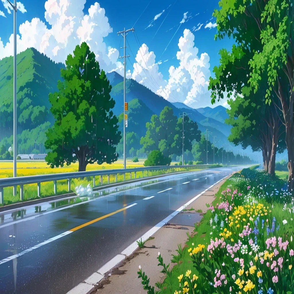 there is a painting of a road with flowers and trees, anime countryside landscape, beautiful anime scenery, anime background art, anime landscape, anime scenery, anime landscape wallpaper, detailed scenery —width 672, anime background, beautiful anime scene, anime beautiful peace scene, anime movie background, colorful anime movie background, anime scenery concept art, scenery artwork, anime nature, Flowers and trees on both sides of the road, Light through the clouds, A road with flowers and only one car running on it. plains, highways, Sunny and rainy, Half rainy and half sunny, Raindrops in the air, Mountains in the distance, Mountain vegetation