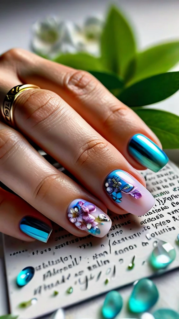 detailed painted nails, intricate nail art, floral nail designs, gem-encrusted nails, metallic nail polish, ombre nails, 3D nail art, holographic nails, glossy manicured nails, acrylic nails, (best quality,4k,8k,highres,masterpiece:1.2),ultra-detailed,(realistic,photorealistic,photo-realistic:1.37),macro photography, close-up, sharp focus, vibrant colors, natural lighting