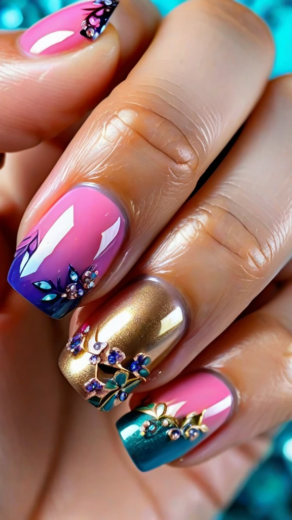 detailed painted nails, intricate nail art, floral nail designs, gem-encrusted nails, metallic nail polish, ombre nails, 3D nail art, holographic nails, glossy manicured nails, acrylic nails, (best quality,4k,8k,highres,masterpiece:1.2),ultra-detailed,(realistic,photorealistic,photo-realistic:1.37),macro photography, close-up, sharp focus, vibrant colors, natural lighting