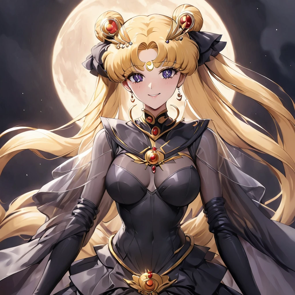 ((Highest quality)), ((masterpiece)), (detailed), (Perfect Face)、Black moon mark on forehead、The woman is the noble dark queen of the Black Moon clan, Black Serenity, with blonde hair.2The woman with long hair tied up is Princess Serenity、The woman has a black inverted crescent moon mark on her forehead, is wearing a gorgeous and glittering black Gothic Victorian dress with a black veil and a black see-through cape, is the Queen of Darkness, Princess Serenity, and has a happy expression as she looks at the camera, with the expression of a maiden in love.