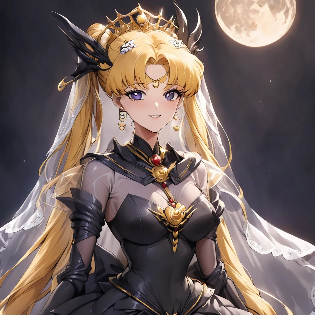 ((Highest quality)), ((masterpiece)), (detailed), (Perfect Face)、Black moon mark on forehead、The woman is the noble dark queen of the Black Moon clan, Black Serenity, with blonde hair.2The woman with long hair tied up is Princess Serenity、The woman has a black inverted crescent moon mark on her forehead, is wearing a gorgeous and glittering black Gothic Victorian dress with a black veil and a black see-through cape, is the Queen of Darkness, Princess Serenity, and has a happy expression as she looks at the camera, with the expression of a maiden in love.