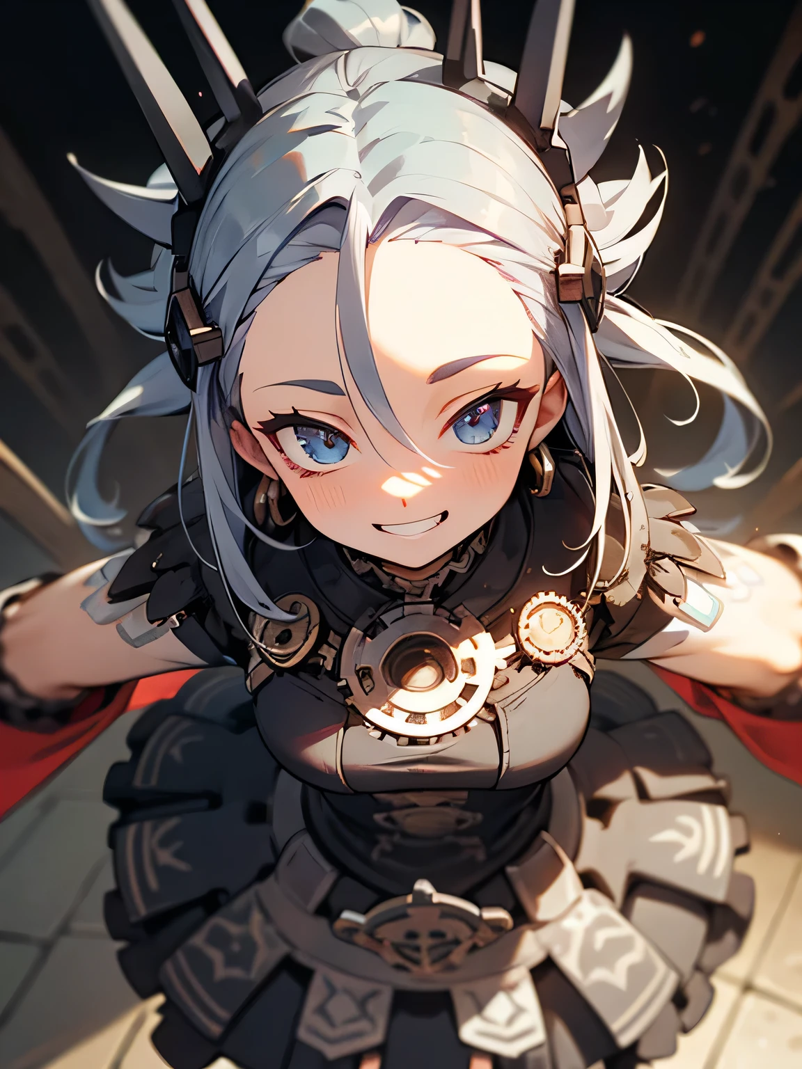 from above:1.3, close up face,blue silver hair, big forehead, lots of gears, gimmick monster, grin, gear hair ornament, rail pattern dress,