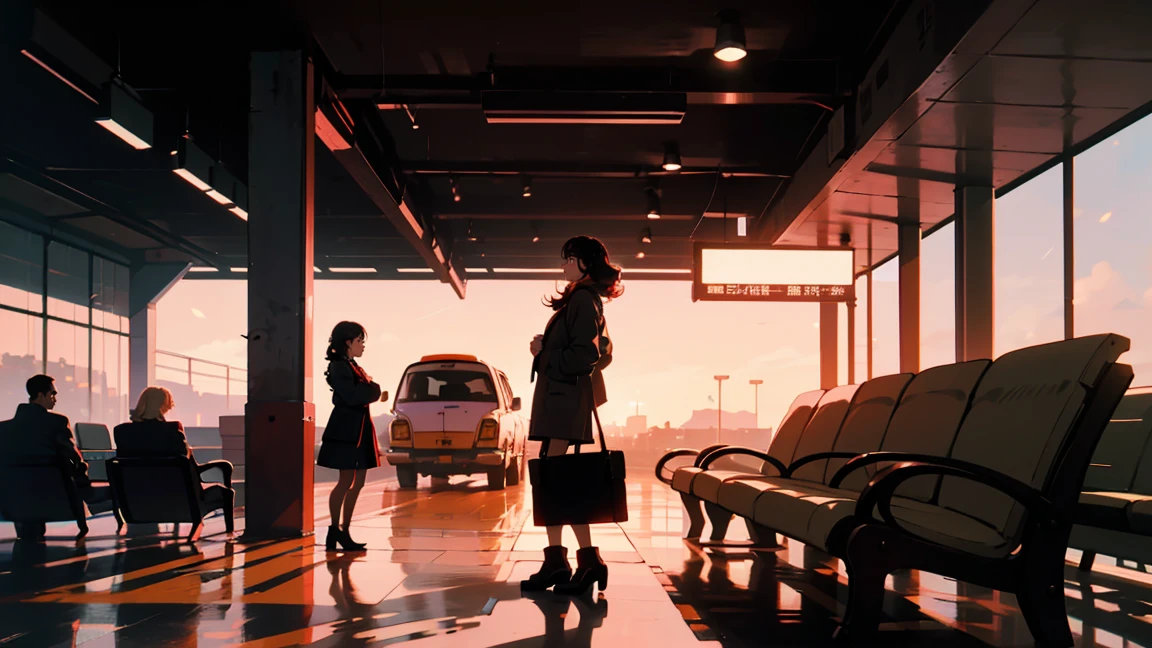 New modern airport, The plane is flying,Meeting, It has a nice atmosphere, Adult women, Trunk Case ,Perfect Face, A melancholic look, (Backlight: 1.1), A scene from a movie, Soft Shadows, masterpiece, Highest quality, Complex, Model shooting style, Film Grain, Wide Shot、Red lipstick