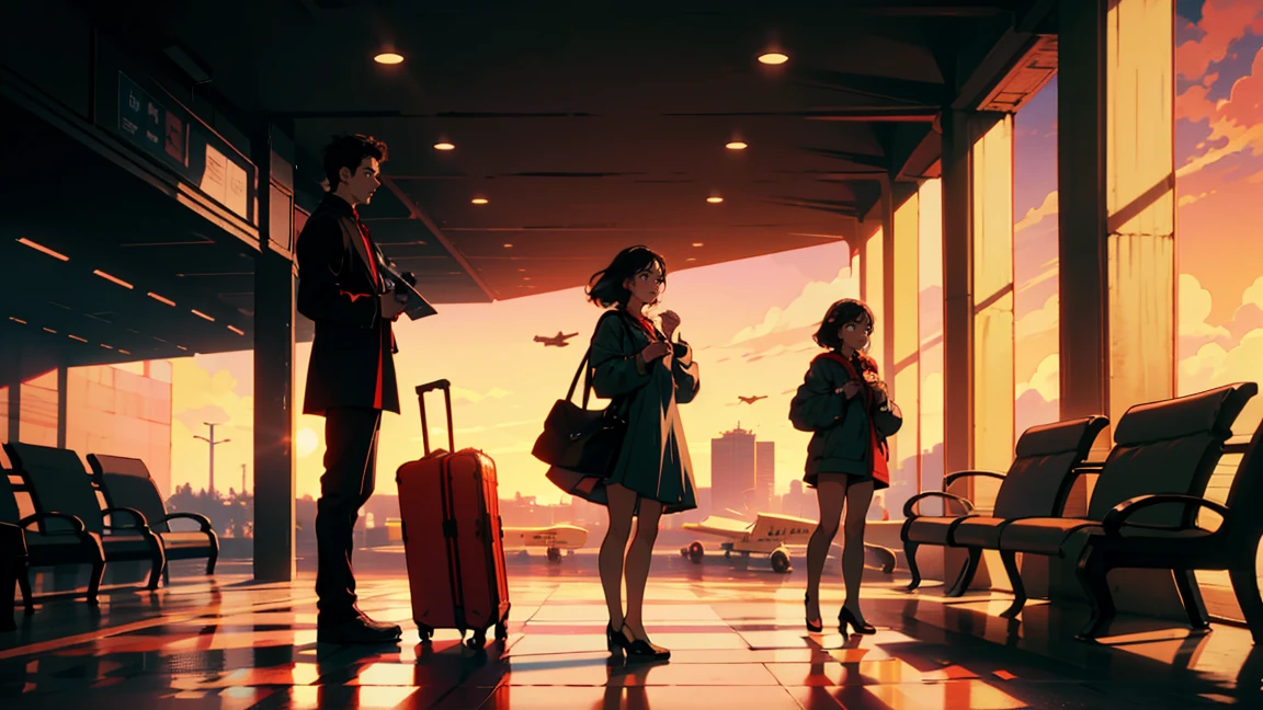 New modern airport, The plane is flying,Meeting, It has a nice atmosphere, Adult women, Trunk Case ,Perfect Face, A melancholic look, (Backlight: 1.1), A scene from a movie, Soft Shadows, masterpiece, Highest quality, Complex, Model shooting style, Film Grain, Wide Shot、Red lipstick