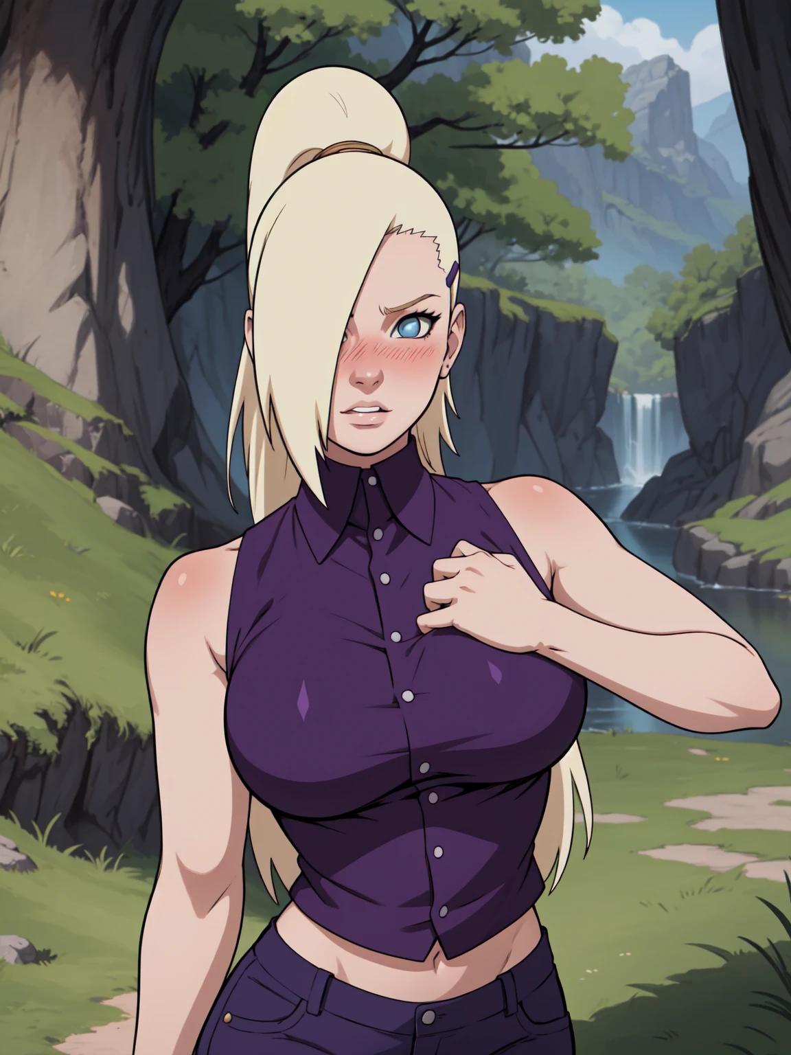 {-erro_de_anatomia:1.0} estilo anime, Masterpiece, absurdities, Yamanaka Ino\(Naruto\), 1girl Solo, woman, Perfect composition, Detailed lips, Beautiful face, body proportion, Blush, Long blonde hair, blue eyes, purple blouse, purple pant, Soft gauze, Super realistic, Detailed, photo shoot, Realistic faces and bodies, masterpiece, best quality, best illustration, hyper detailed, 1 woman, solo, glamorous, blushing, upper body, fighting, on nature, look at the view, dimanic poses, 