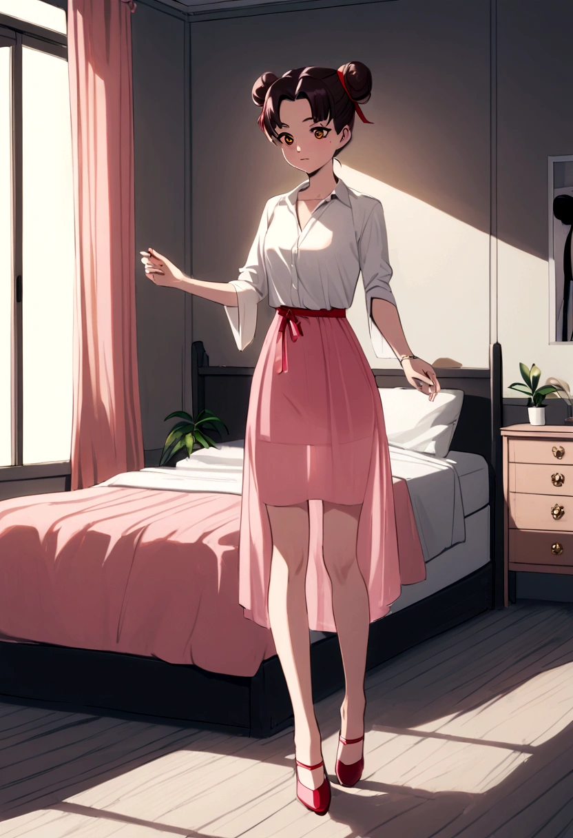 Tenten, lencería sexy, bedroom, fullbody, through dress, amanecer, teen, sonriente