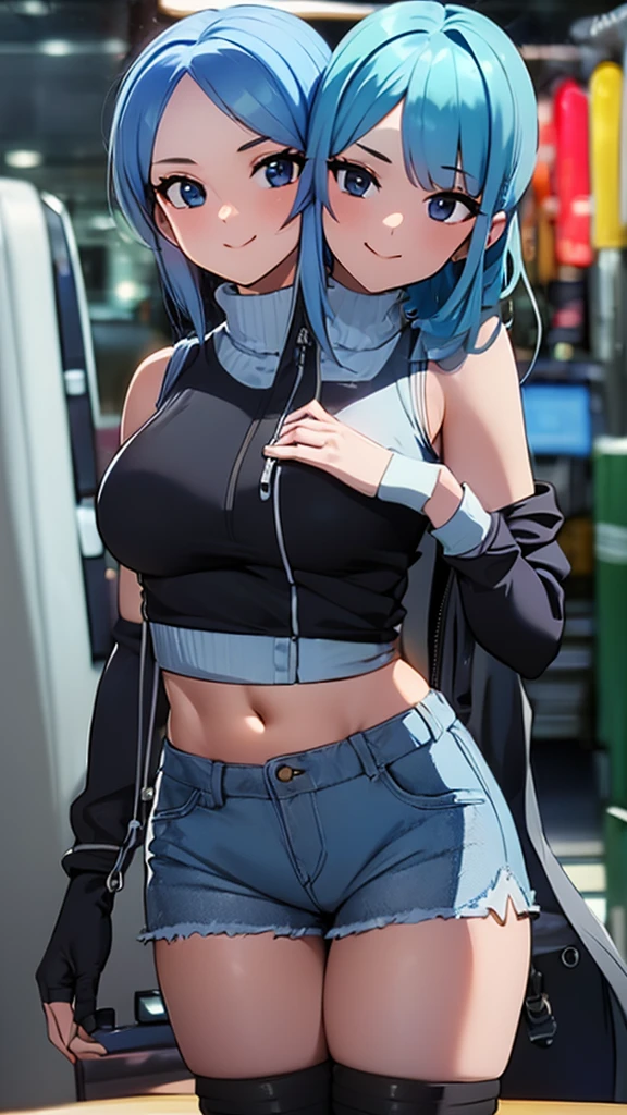 best quality, (masterpiece),(ultra-detailed), (high quality), (high resolution), ((2heads:1.5)), best quality:1.5, highres, UHD, 16K), smiling, highres, masterpiece, ((light blue hair)), gamer girl, long hair, hair band, black eyes, ((cinematic particles)), ((grey hot pants)), arcade room, (black gloves), cowboy shot, ((sleeveless biker jacket over a white crop top)), exposed midriff, fingerless gloves