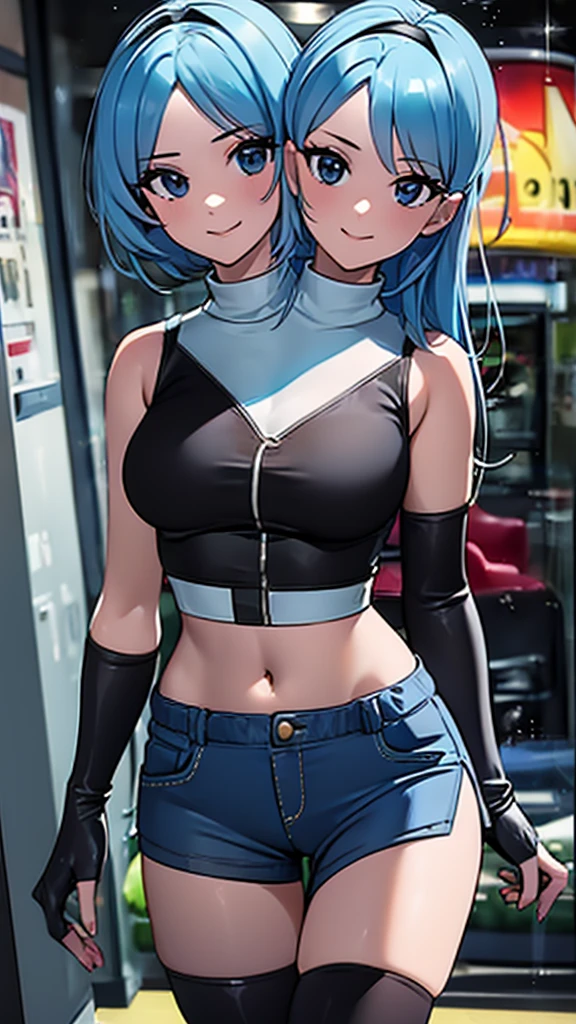 best quality, (masterpiece),(ultra-detailed), (high quality), (high resolution), ((2heads:1.5)), best quality:1.5, highres, UHD, 16K), smiling, highres, masterpiece, ((light blue hair)), gamer girl, long hair, hair band, black eyes, ((cinematic particles)), ((grey hot pants)), arcade room, (black gloves), cowboy shot, ((sleeveless biker jacket over a white crop top)), exposed midriff, fingerless gloves