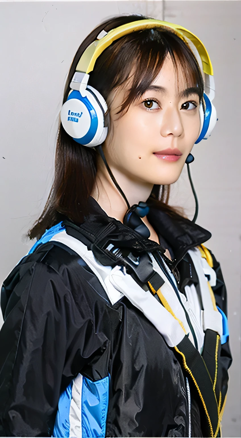 A handsome Japanese 20-year-old girl with a cap on her head ,headphones around her neck , half-length photo, facing the audience directly, symmetrical facial close-up, facing the audience head-on, wearing modern and stylish sportswear, art clothes, pearls, H. R. Giger, white background