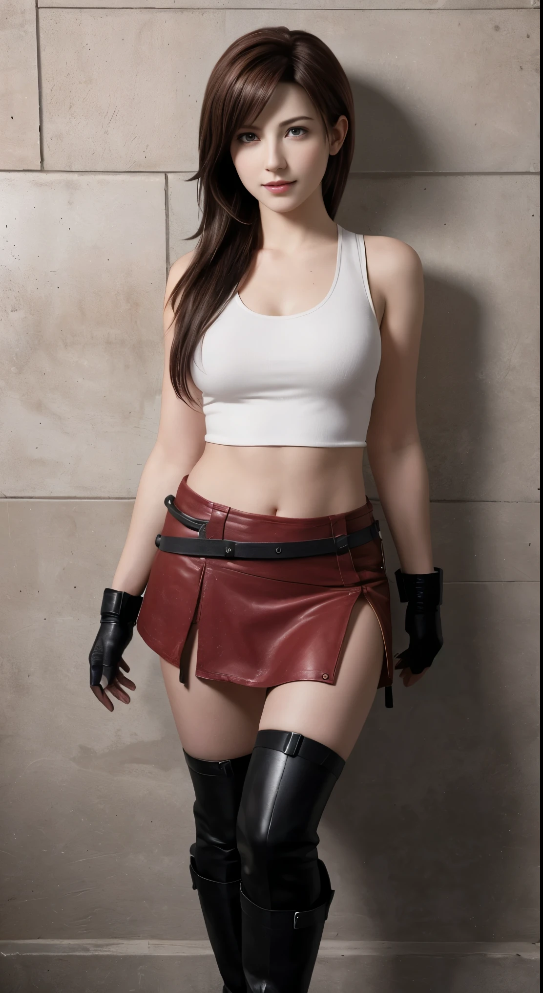 Tifa Lockhart,The background is a block wall, White tank top, Large Breasts,Delicate face, Detailed face, Gentle smile on the face, Perfect body, Ultra-realistic texture,((See your whole body from head to toe)),Reddish brown eyes, Black Mini Skirt, Black suspenders, Red Boots, fingerless black gloves, Black arm guards on both arms,Strong Will, Feeling for friends, Kind-hearted,