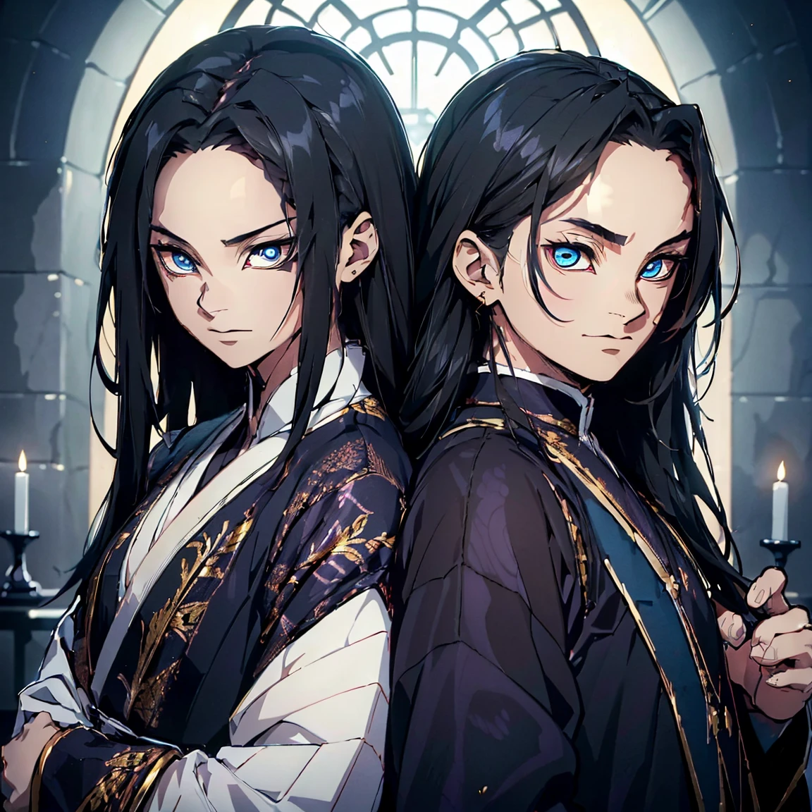 (Best Quality,ultra detailed,realist:1.37),high resolution(4k,8k),portrait,Demon Slayer character,black hair with blue,semi long hair,dark blue eyes with golden irises,,warm smile,YOUNG,sarcastic,24 years ,Kimetsu no Yaiba&#39;s distinctive style, firm installation, vibrant colors, detailed facial features, powerful aura, determined expression, katana in hand, fierce eyes, dusk scene, dramatic lighting, flowing layer, a dark yukata with gold decorations, intricate patterns, dark blue background,male gender,pale skin.