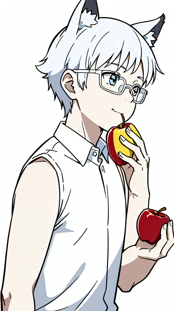 (1boy,,kid),solo,happy,white hair,short hair,fox ears,white shirt,sleeveless,upper body,(white background,line drawing),white glasses,profile,eating a apple
