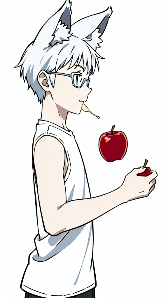 (1boy,10 years old,kid),solo,happy,white hair,short hair,fox ears,white shirt,sleeveless,upper body,(white background,line drawing),white glasses,profile,eating a apple