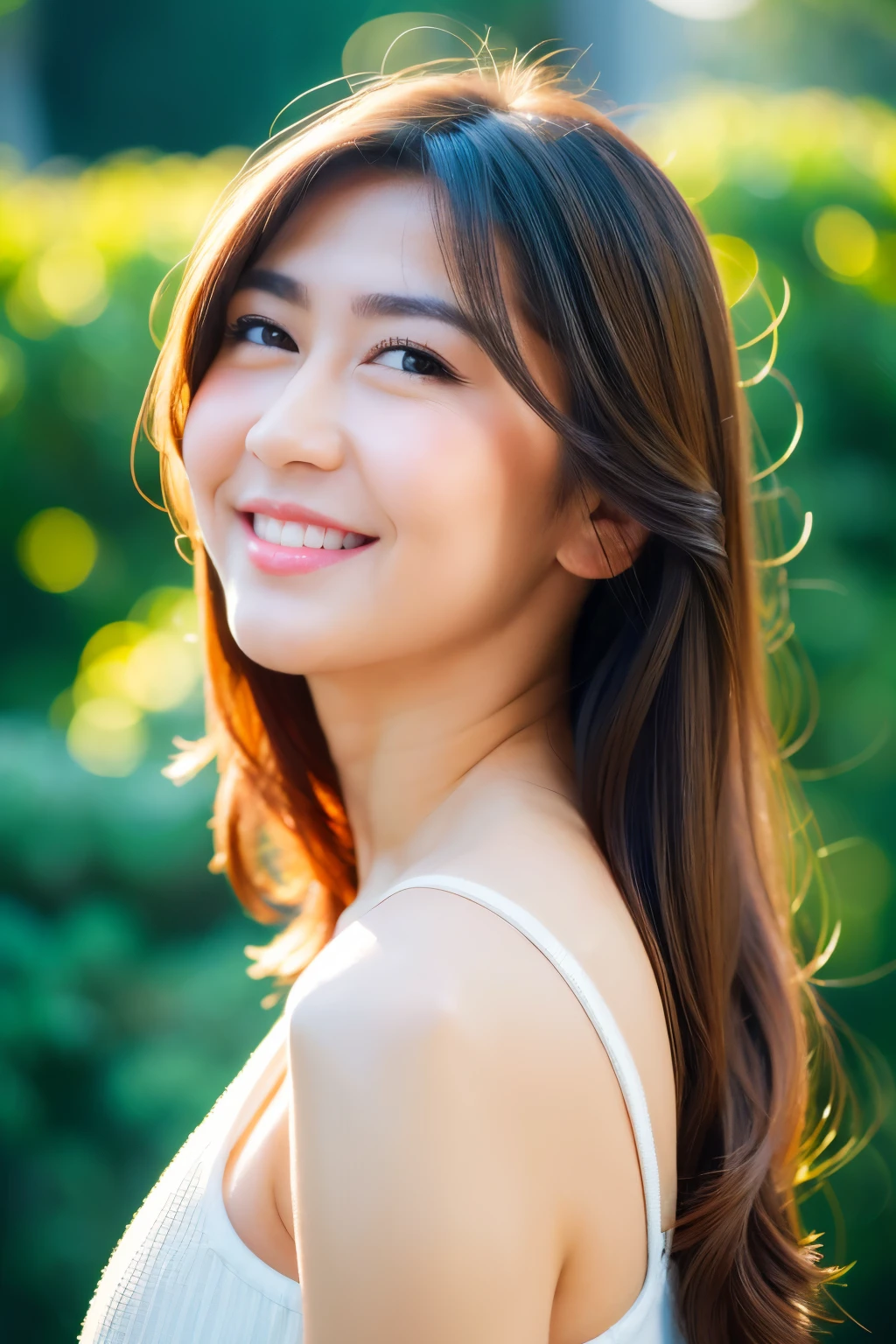 standing, walking pose, (white t-shirt), sleeveless t-shirt, cleavage, navel, white short skirt, looking at camera, front view, long hair, bangs, (detailed face), at backyard, tempting pose, potrait body, mouth closed, smiling, black eyes, 1 girl, 20yo,Young female,Beautiful Finger,Beautiful long legs,Beautiful body, Beautiful Nose,Beautiful character design, perfect eyes, perfect face,expressive eyes,perfect balance, (looking at viewer), White skin, (masterpiece:1.0),(best_quality:1.0), ultra high res,4K,ultra-detailed, photography, 8K, HDR, highres, absurdres:1.2, Kodak portra 400, film grain, (vibrant_color:1.2),professional photograph, (Beautiful,huge_Breasts:1.4), (beautiful_face:1.5),(narrow_waist)