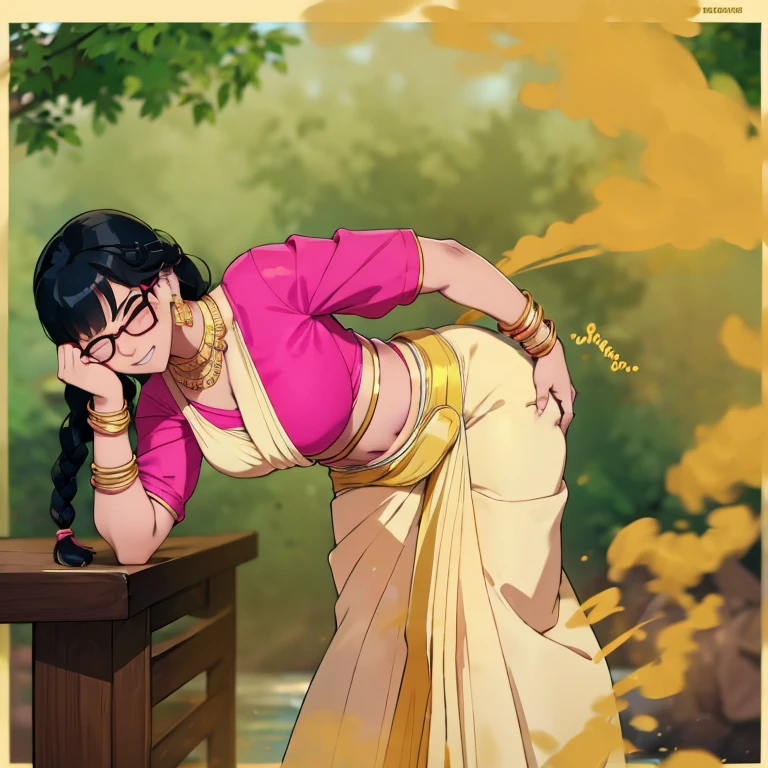 solo, 1female, indian teenage girl, black hair, hair tied in braids, tomboy hair bang, wearing glasses, blushing intensely, skinny body, dark skin, clenching teeth, smiley face, one eye closed, soft lips, pink saree, wearing golden necklace and earrings, wearing golden bracelets, bend over, letting out fart, massive fart, yellow smoke rising, hand on tummy, sexy body, bending forward, leaning, hand on stomach, alone by the river