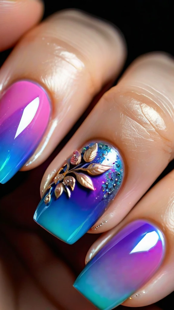 detailed painted nails, intricate nail art, floral nail designs, gem-encrusted nails, metallic nail polish, ombre nails, 3D nail art, holographic nails, glossy manicured nails, acrylic nails, (best quality,4k,8k,highres,masterpiece:1.2),ultra-detailed,(realistic,photorealistic,photo-realistic:1.37),macro photography, close-up, sharp focus, vibrant colors, natural lighting
