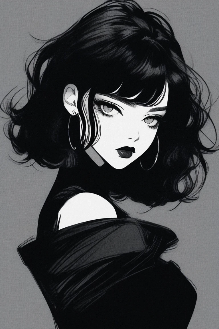 (best quality, sketch:1.2),realistic,illustrator,anime,1 girl, detailed lips, black dress,custom, (background dark monochrome), dark hair,textured cropping, masterpiece, style retro classic, noir dark, art, sketch book, (bob hair black:1.75 neon:1.32), bad women , dark shadows 