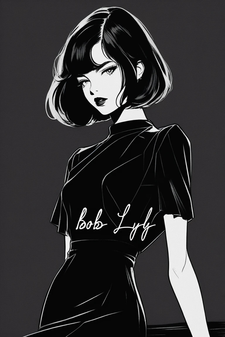 (best quality, sketch:1.2),realistic,illustrator,anime,1 girl, detailed lips, black dress,custom, (background dark monochrome), dark hair,textured cropping, masterpiece, style retro classic, noir dark, art, sketch book, (bob hair black:1.75 neon:1.32), bad women , dark shadows 