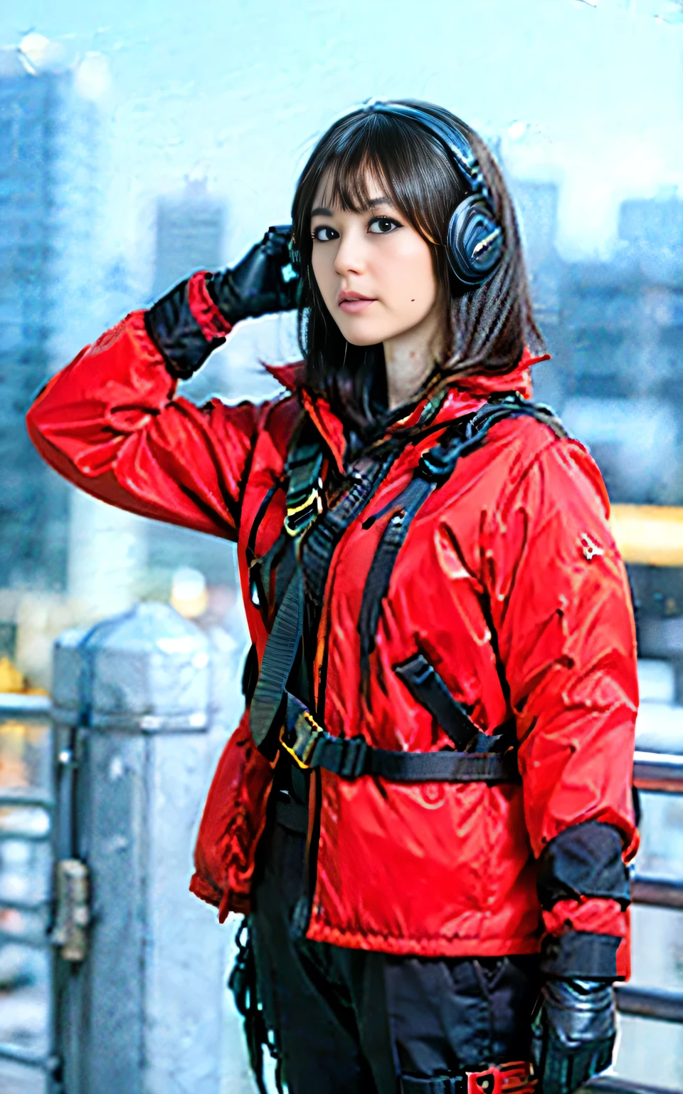 ((Best Quality, 8K, Masterpiece: 1.3)), ((best quality)), photorealistic, photorealism, Photorealistic, high resolution, 1girl aiming with an assault rifle, Combat pose, looking at the camera, (Detailed face), short hair, (wearing red rubber suit, tactical vests, military harness, black gloves, high-tech headset), cloths color based on black dark blue), revealed thigh, Gun, Fingers are occluded, concrete wall background,
