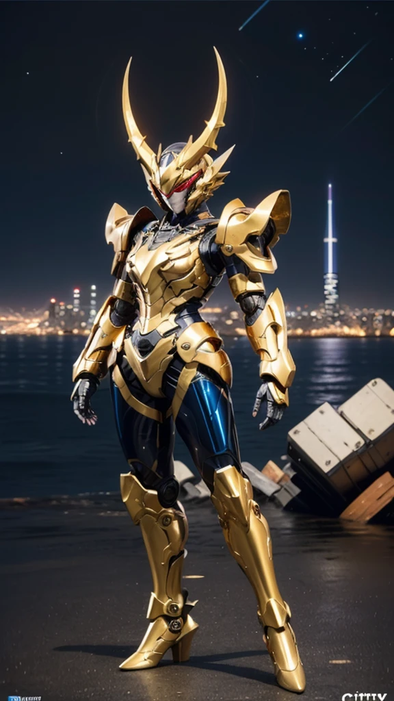 ファンタジー風の全身鎧を身にまとったwoman, Only the eyes were exposed、A fully enclosed helmet designed to resemble a crown, Composite Layered Chest Plate, Fully covered shoulder and hand guards, Lightweight waist armor, Close-fitting shin guards, The overall design is sturdy yet flexible, ((The armor is shiny gold, Accented with red and blue accents)), Gives off a noble aura, She is floating above the city of the future, This character is、It embodies a hero wearing fantasy surreal style armor elaborately crafted in anime style.。, Exquisite and mature cartoon art style, (Dragon Concept Armor, Realistic:1.4, Realistic textured materials:1.2), ((City night view, elegant, goddess, woman:1.5)), metallic, High resolution, Highest quality, High resolution, Super detailed, Ultra-fine painting, Very delicate, Professional, Anatomically correct, Symmetrical face, Highly detailed eyes and face, High quality eyes, creativity, RAW Photos, 超High resolution, 32k, Natural light, Cinema Lighting, masterpiece-anatomy-perfect, masterpiece:1.5