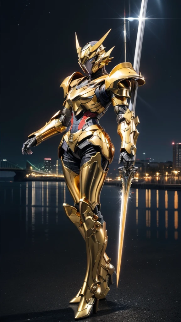 ファンタジー風の全身鎧を身にまとったwoman, Only the eyes were exposed、A fully enclosed helmet designed to resemble a crown, Composite Layered Chest Plate, Fully covered shoulder and hand guards, Lightweight waist armor, Close-fitting shin guards, The overall design is sturdy yet flexible, ((The armor is shiny gold, Accented with red and blue accents)), Gives off a noble aura, She is floating above the city of the future, This character is、It embodies a hero wearing fantasy surreal style armor elaborately crafted in anime style.。, Exquisite and mature cartoon art style, (Dragon Concept Armor, Realistic:1.4, Realistic textured materials:1.2), ((City night view, elegant, goddess, woman:1.5)), metallic, High resolution, Highest quality, High resolution, Super detailed, Ultra-fine painting, Very delicate, Professional, Anatomically correct, Symmetrical face, Highly detailed eyes and face, High quality eyes, creativity, RAW Photos, 超High resolution, 32k, Natural light, Cinema Lighting, masterpiece-anatomy-perfect, masterpiece:1.5