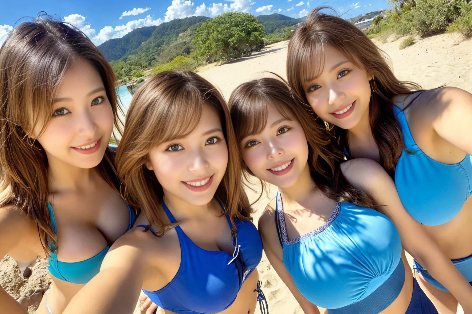 (From below:1.4)、(Three Girls:1.4)、Light brown fringe hair、Braided hair、Disheveled Hair、Light brown eyes、(Laughter)、(Big Tits:1.5)、(Highlight the valley:1.3)、Dressing room、Photorealistic、(Shadow:1.1)、(Intricate details:1.2)、(Tabletop、:1.3)、(Highest quality:1.4)、(Ultra-high resolution:1.2)、Ultra-high resolution、(Detailed eyes)、(Detailed facial features)、(Colorful Bikinis:1.2), (Selfie:1.3)、Girls standing side by side、On a tropical beach、blue sky、beautiful sea