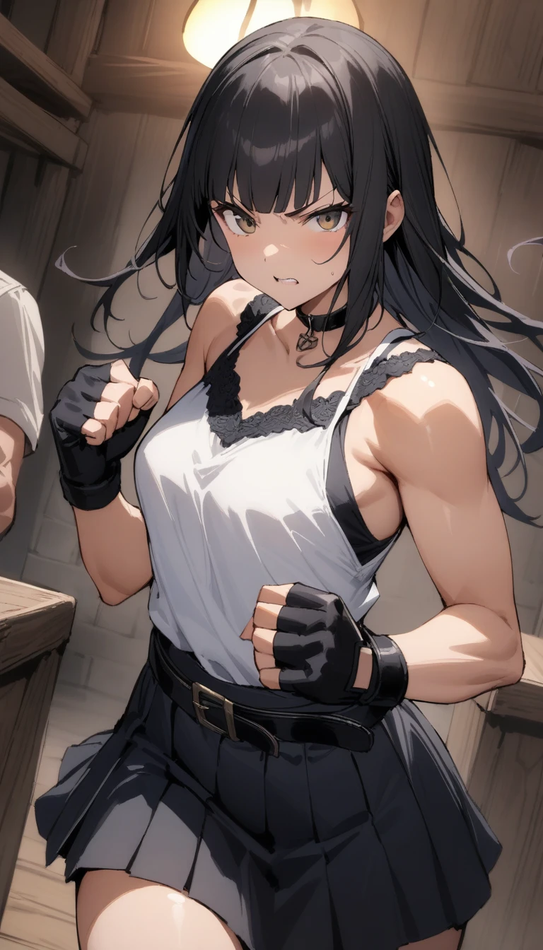 ((Highest quality)), ((masterpiece)), (detailed),cowboy shot , Rin々Policewoman　small breasts 　Mature Woman, Layer a black sleeveless blouse over a white camisole,Black choker,Black long hair　Blunt bangs　black pleated mini skirt　black fingerless gloves　V-shaped eyebrows　Combat Stance　Black Belt　Clenched fist　Old tavern