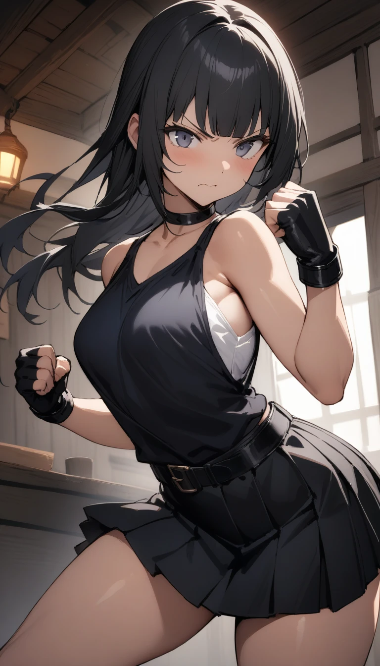 ((Highest quality)), ((masterpiece)), (detailed),cowboy shot , Rin々Policewoman small breasts Mature Woman, Layer a black sleeveless blouse over a white camisole,Black choker,Black long hair Blunt bangs black pleated mini skirt black fingerless gloves V-shaped eyebrows Combat Stance Black Belt Clenched fist Old tavern