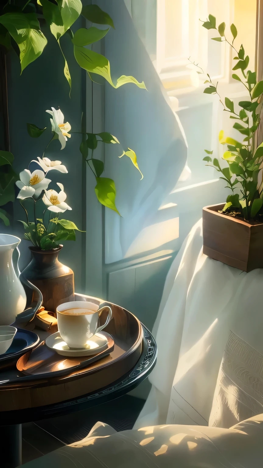 On a tray decorated with flowers、There are many cups and saucers, Relaxed atmosphere, Peaceful atmosphere, radiant morning light, Relaxing environment, summer morning light, Beautiful atmosphere, relaxed mood, Beautiful atmosphere, Night atmosphere, Soft morning light, Calm night atmosphere, Romantic atmosphere, Cozy cafe background, Warm and beautiful scenery, wonderful、wonderful composition