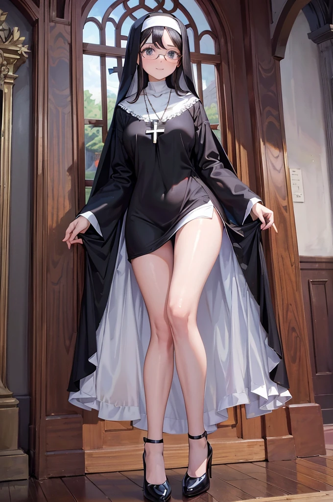 A masterpiece, full body, a beautiful girl,long loose black hair, blue-eyed, with black glasses, of a beautiful smile, dressed as a nun, On his neck he wears a necklace with a cross,with long stockings from the thigh, with black high heels,the background in the churches with mirrors