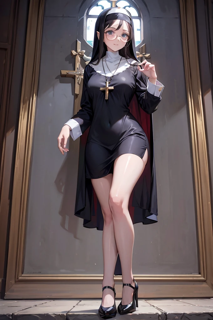 A masterpiece, full body, a beautiful girl,long loose black hair, blue-eyed, with black glasses, of a beautiful smile, dressed as a nun, On his neck he wears a necklace with a cross,with long stockings from the thigh, with black high heels,the background in the churches with mirrors