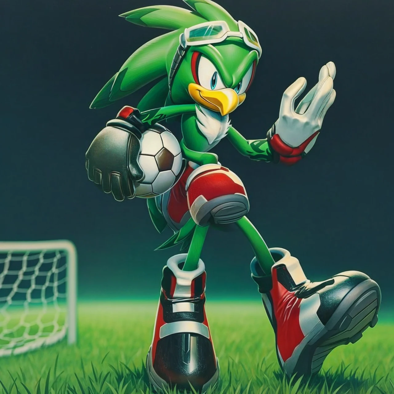 Jet the Hawk, bird boy, wearing red and black soccer shorts and soccer boots that reaches kness, holding tight a soccer ball on hand, full body view