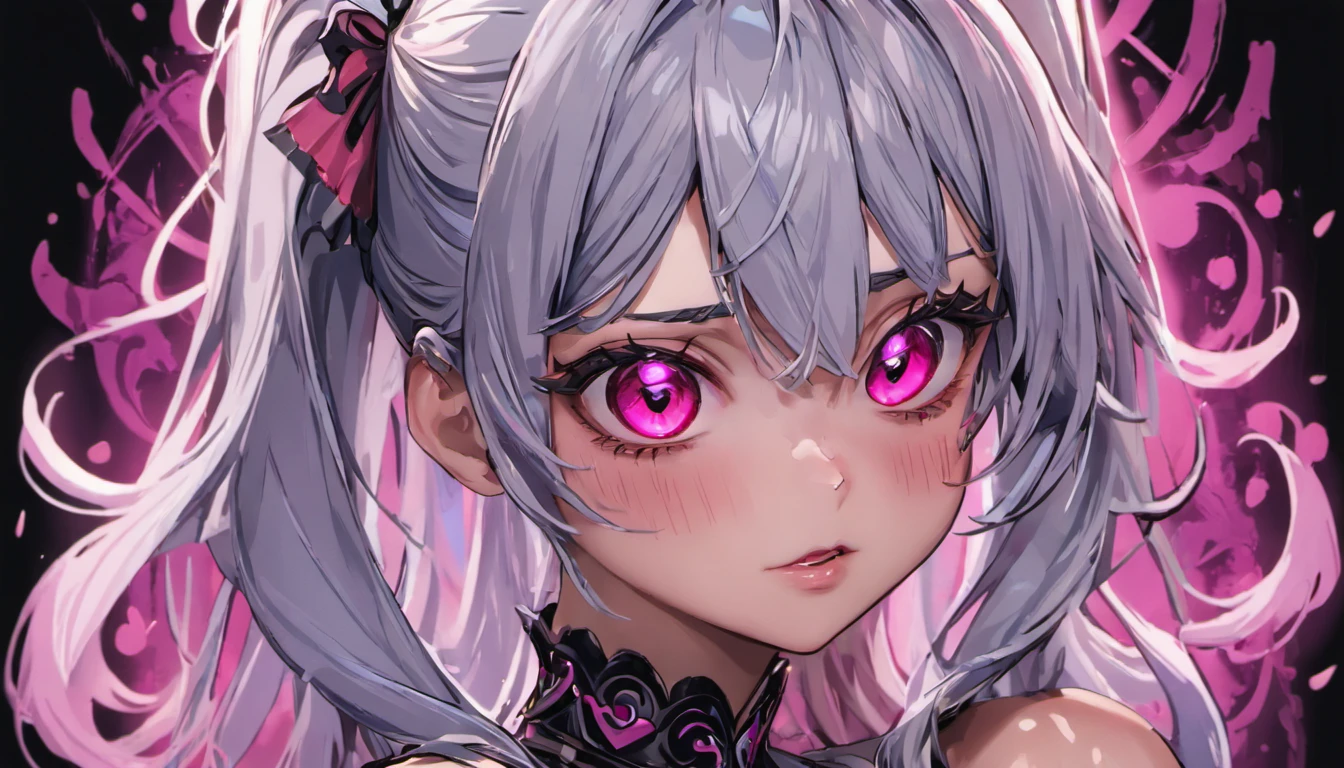 (8k, top quality, masterpiece:1.2), (realistic, photo-realistic:1.37), top quality, masterpiece, oneness, smooth and beautiful, incredible detail, Stunning, fine detail, masterpiece, top quality, official art, size large files, very detailed, highres, very detailed, beautiful girl details, very detailed eyes and face, beautiful detailed eyes, bright face, blushing nose,a beautiful girl with long ponytail blue and silver hair with black streak crossing one eye, pink glowing eye with love pattern, intricate detailed face, beautiful detailed eyes, beautiful detailed lips, extremely detailed face and features, longeyelashes, portrait, concept art, digital painting, (best quality,4k,8k,highres,masterpiece:1.2),ultra-detailed,(realistic,photorealistic,photo-realistic:1.37),HDR,UHD,studio lighting,ultra-fine painting,sharp focus,physically-based rendering,extreme detail description,professional,vivid colors