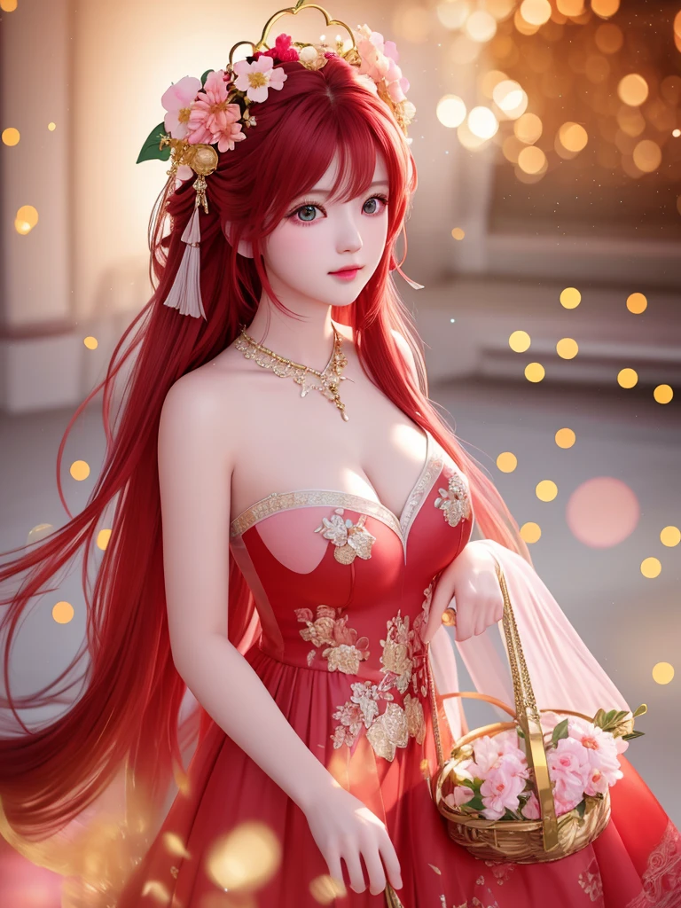 best quality, masterpiece, High target, There is a girl with a basket of flowers on her head, Big breast beauty，Very sexy，Beautiful red dress, Hair Decorationss, necklace, Decorations, Pretty Face, When the body, Tyndall effect, Realistic Portraits, Edge lighting, Two-color light, (Very delicate skin:1.2), 8K uhd, Digital SLR Camera, Soft Light, high quality, Volumetric Lighting, Honest, photo, high resolution, 4K, 8K, Bokeh,Big red hair，Pink Eyes.