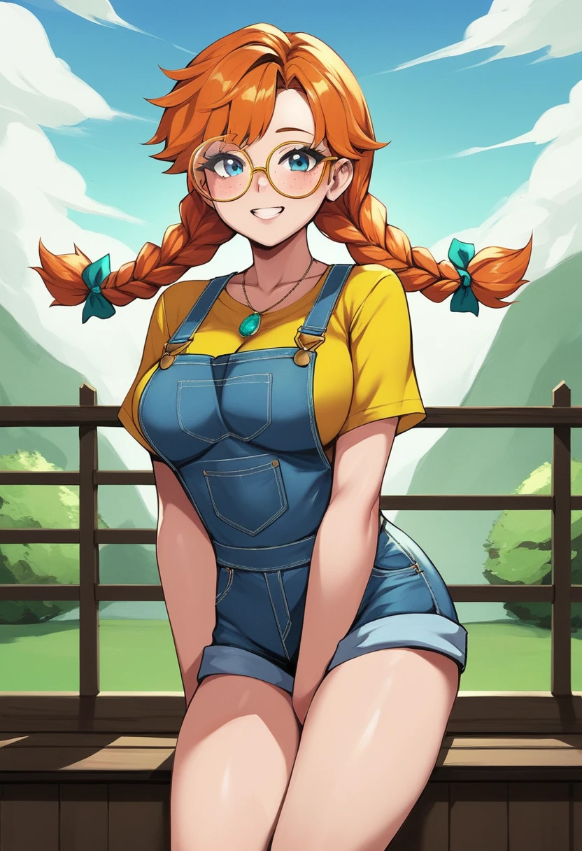 anime animation of a farm woman with blue eyes and orange hair in long twin braids wearing bronze round glasses and a small thin silver necklace with a turquoise stone and overalls with suspenders over a yellow frilly shirt. She has freckled skin and lots of freckles on large breasts and has acne scarred skin planting seeds in a garden.