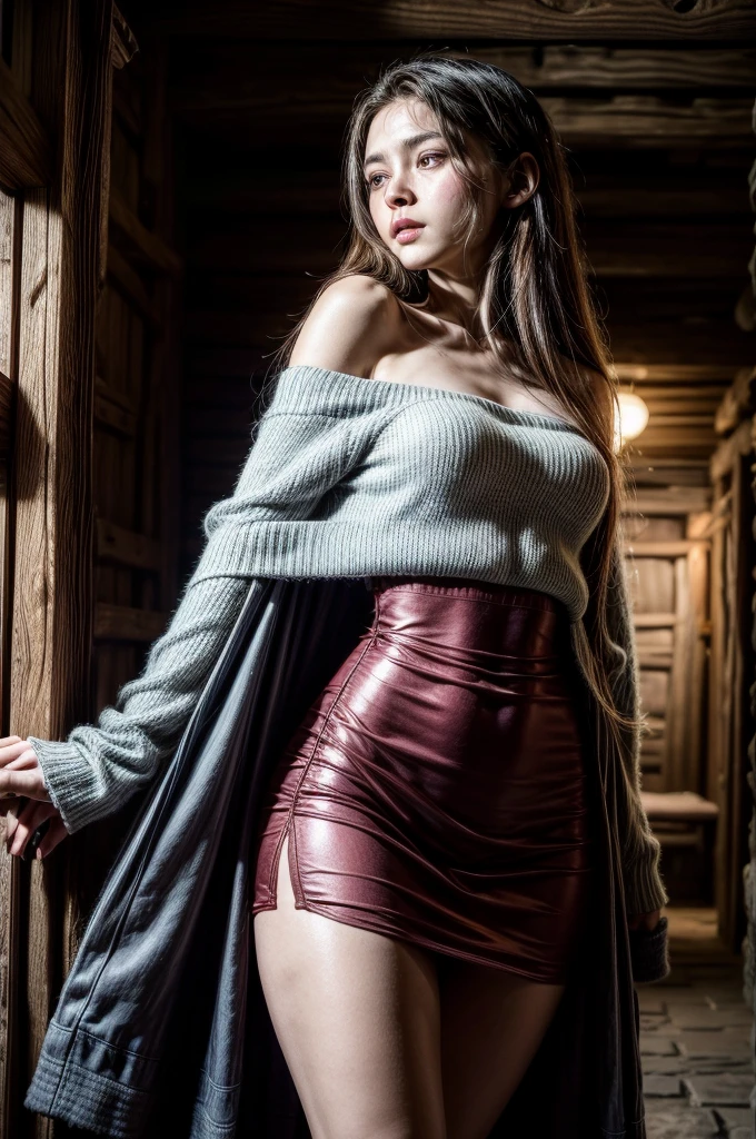 rusian girl, (beautiful face, cute face, 18 years old), view from behind, low angle looking up, ass focus, thin thighs, narrow hips, brunette, long straight hair, medieval dress, dress untied in the front, off shoulder, pulling skirt up, show panties, midriff, narrow hips, inside cozy medieval cabin, soft lighting, intense blush, looking back at viewer