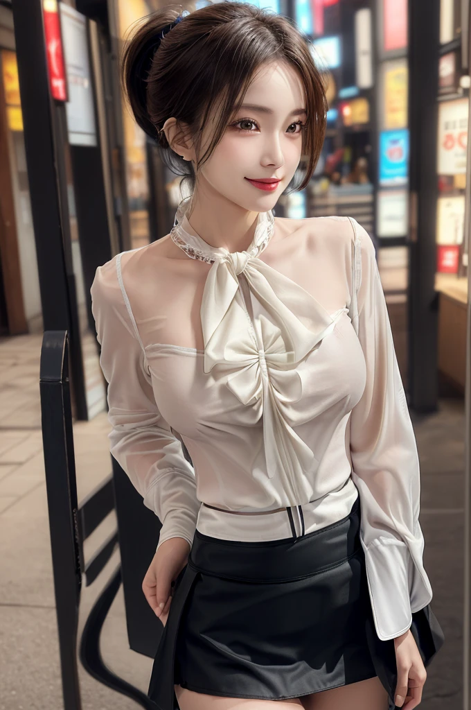 Tabletop, Highest quality, figure, Super detailed, In detail, High resolution, 8k wallpaper, Perfect dynamic composition, Beautiful attention to detail, ponytail,Big breasts Natural color Lips, Sexy pose,smile,Harajuku、25-year-old woman、Beautiful woman、Looking at the camera、Super Real、(((Reality:1.5))),(((blouse、skirt:1.5)))、Standing posture、Top view