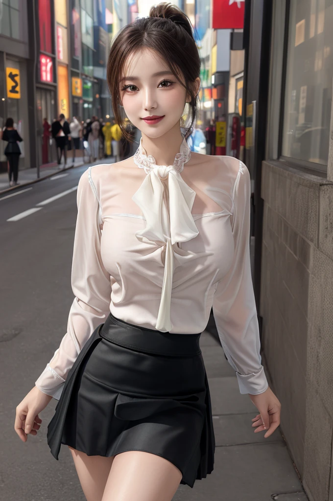 Tabletop, Highest quality, figure, Super detailed, In detail, High resolution, 8k wallpaper, Perfect dynamic composition, Beautiful attention to detail, ponytail,Big breasts Natural color Lips, Sexy pose,smile,Harajuku、25-year-old woman、Beautiful woman、Looking at the camera、Super Real、(((Reality:1.5))),(((blouse、skirt:1.5)))、Standing posture、Top view