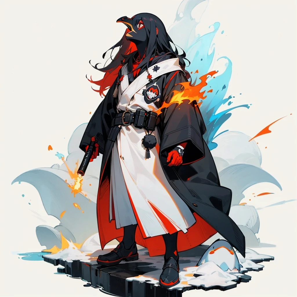 Add a background in the snowy arctic area, morning silhouette light, fiery explosions in the background, smoke, and shining lights, Puffin face mixed with penguin face, Red eyes, long Shaggy hair, Black robe, Molotov cocktail at waist, belt