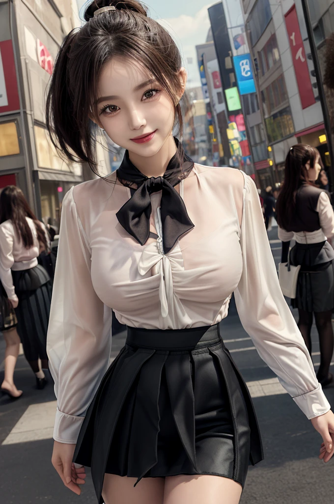 Tabletop, Highest quality, figure, Super detailed, In detail, High resolution, 8k wallpaper, Perfect dynamic composition, Beautiful attention to detail, ponytail,Big breasts Natural color Lips, Sexy pose,smile,Harajuku、25-year-old woman、Beautiful woman、Looking at the camera、Super Real、(((Reality:1.5))),(((blouse、skirt:1.5)))、Standing posture、Top view