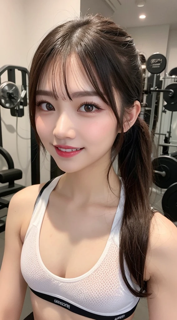 Highest quality, figure, Super detailed, In detail, High resolution, 32k wallpapers, Perfect dynamic composition, Beautiful attention to detail, Random top model sports bra,ponytail, Center of chest,Big beautiful cat-like eyes, Cute Button Nose, Small and fairly full lips, Thick eyebrows and long, beautiful eyelashes. Transparent throughout makeup, Paint your cheeks pink,Dark eyeliner,Lip gloss makes it sparkle. Random sexy poses,smile,white and clean teeth,full body shot,Influencer,Randomly placed spots（gym scenery）,Butt training