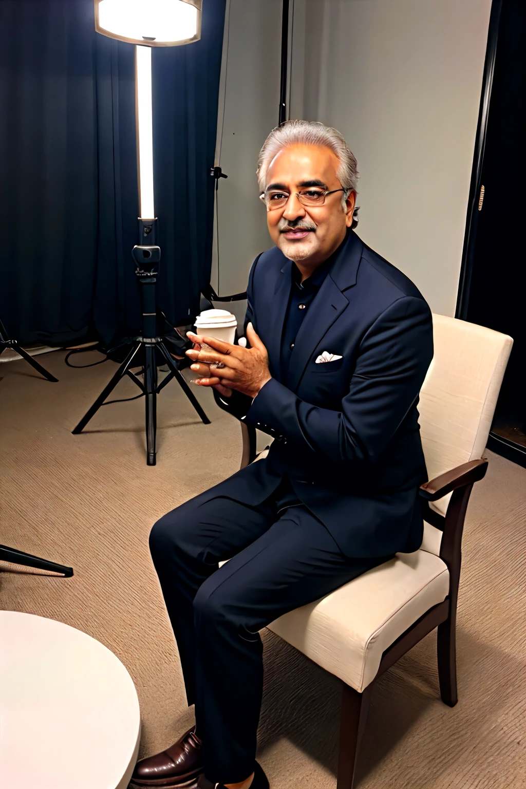 Create an image of Boney Kapoor, a prominent Indian film producer in his 60s with gray hair and wearing a smart casual outfit, giving an interview about the International Film City. He is sitting in a stylish, modern studio set with a backdrop featuring the "International Film City" logo and vibrant visuals of the upcoming film projects. Boney Kapoor is engaged in a lively conversation with Manish, a well-known interviewer, who is dressed in a sharp suit. They are seated in comfortable chairs facing each other, with a coffee table between them holding a few documents and microphones. The setting is professional yet relaxed, with studio lights illuminating the scene. Cameras and crew members are visible in the background, capturing the interview.