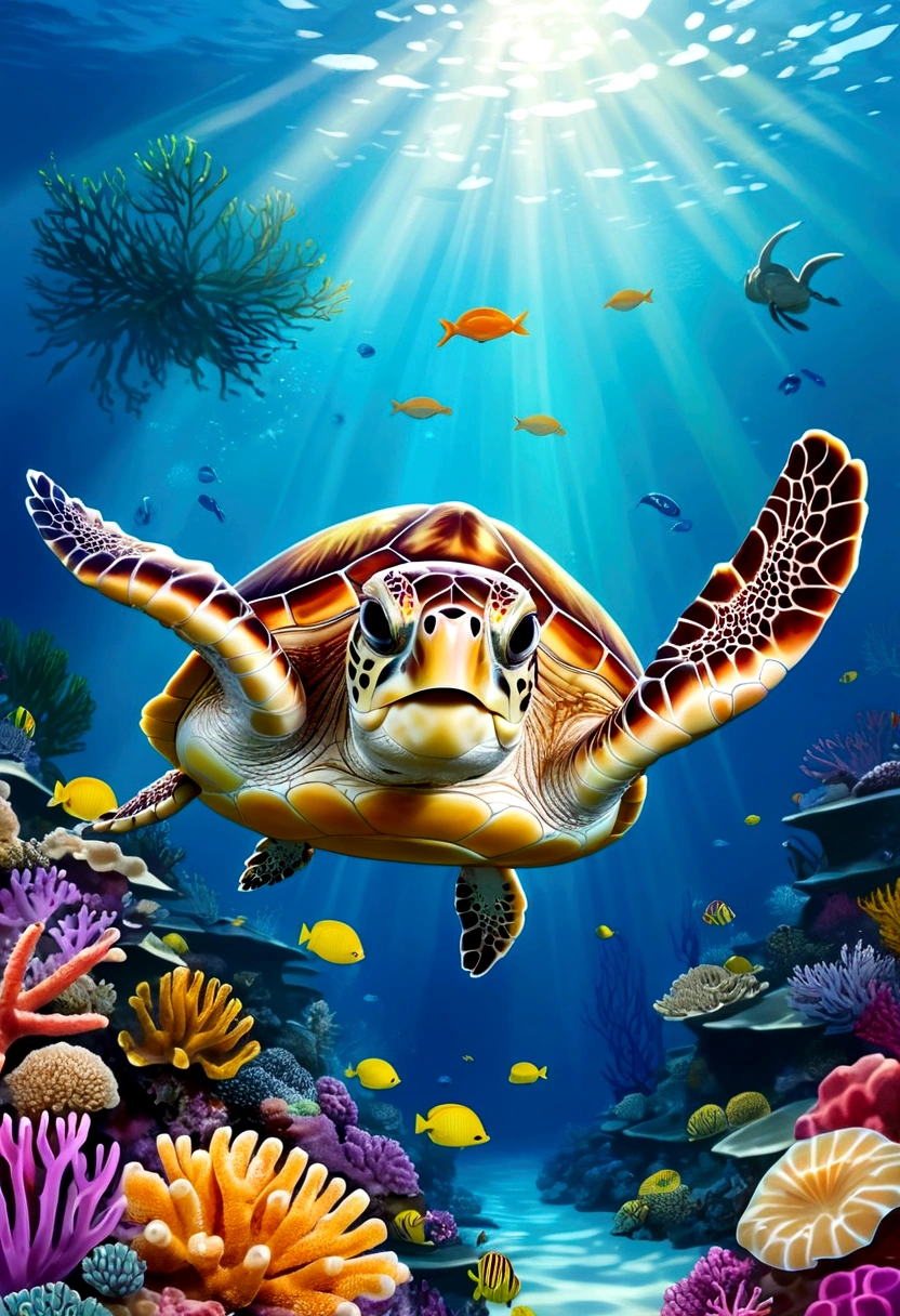 The background of the illustration is a wide and bright sea. A swimming octopus, There is a beautiful area of coral reefs in the sea,Corals are colorful and diverse,It emits a colorful glow,There are also several small fish swimming freely around.,The whole illustration is full of warmth and energy,Marine life swimming freely in a bright underwater world,It gives a peaceful and lovely feeling, Sea turtle swimming in the distance,