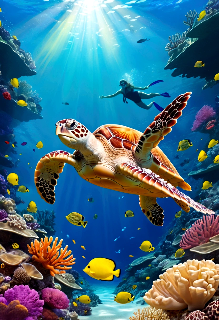 The background of the illustration is a wide and bright sea. A swimming octopus, There is a beautiful area of coral reefs in the sea,Corals are colorful and diverse,It emits a colorful glow,There are also several small fish swimming freely around.,The whole illustration is full of warmth and energy,Marine life swimming freely in a bright underwater world,It gives a peaceful and lovely feeling, Sea turtle swimming in the distance,
