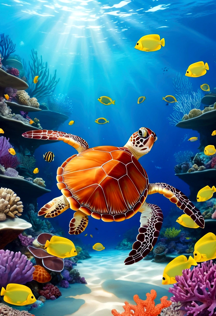 The background of the illustration is a wide and bright sea. A swimming octopus, There is a beautiful area of coral reefs in the sea,Corals are colorful and diverse,It emits a colorful glow,There are also several small fish swimming freely around.,The whole illustration is full of warmth and energy,Marine life swimming freely in a bright underwater world,It gives a peaceful and lovely feeling, Sea turtle swimming in the distance,
