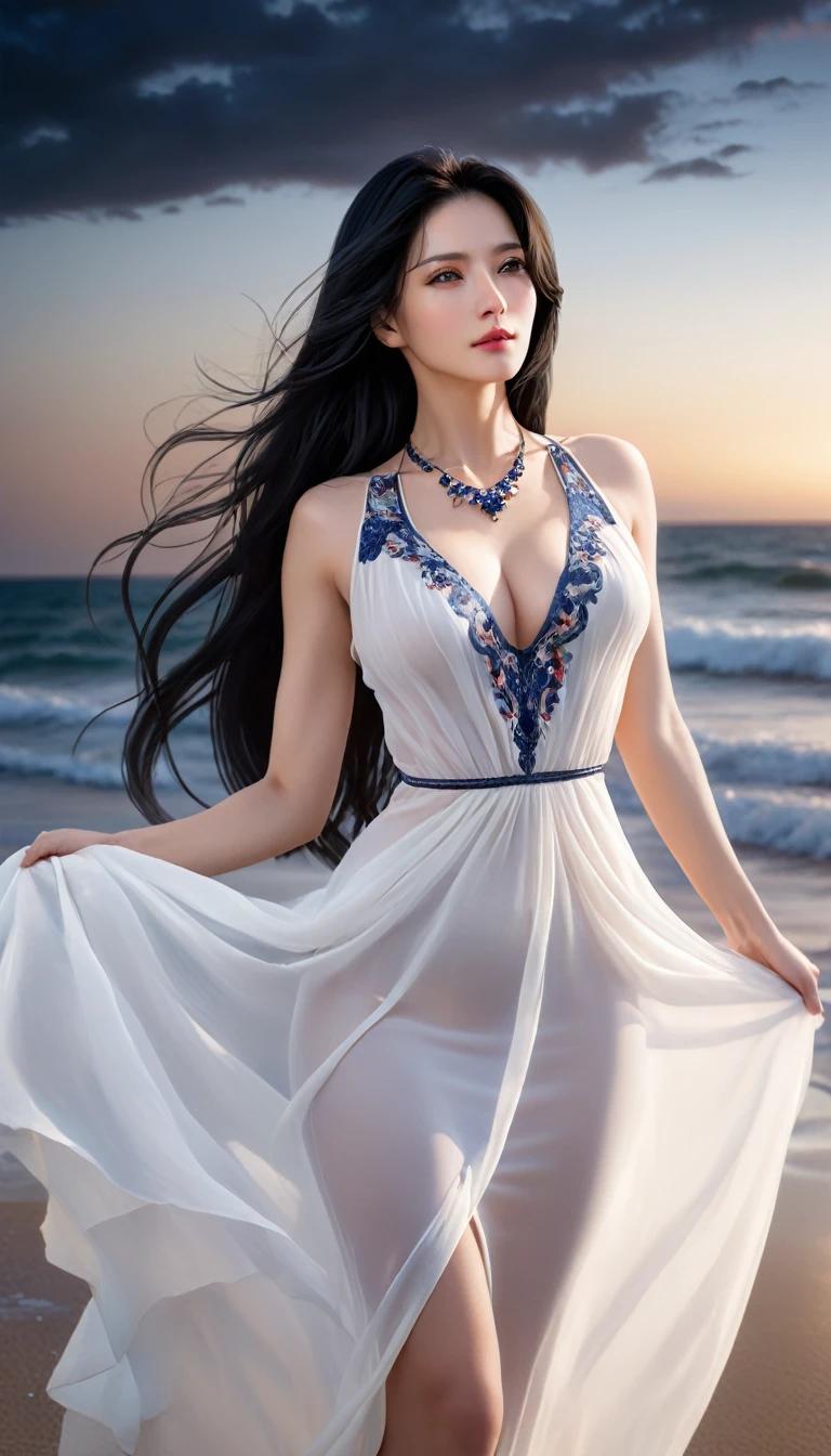 4K resolution,8K resolution,beautiful,Highest quality,Absolutely wonderful,Very detailed,Ultra-high resolution,masterpiece,(Realistic:1.5),(Realistic:1.5),Increased depth of field,Cinematic Light,
One elegant mature woman,
Long black hair,精巧なディテールのbeautiful顔,Moist eyes,Sensual look,Transparent white skin,Very sensitive skin,Great proportions,Glamorous Body,Anatomically correct body,
Elegant Summer Beach Dress,Summery design,Beautifully detailed pattern,Detailed cloth texture,Gorgeous necklace romantic seaside scenery,Dark night sky,Coastline stretching to the horizon,Deserted beach,Dark sea surface,
Cinematic Angle,