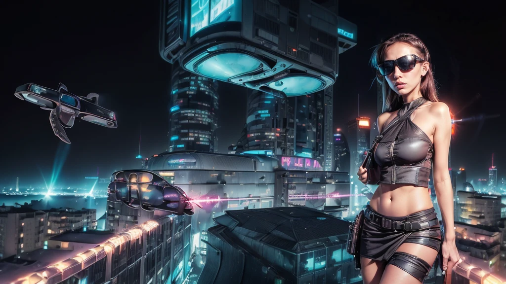 (((aerial view))) of futuristic city, hologram neon buildings, (((futuristic flying cars))) and futuristic cars, Surreal cyberpunk city, in a Future cyberpunk city, 3d rendering Beeple, at night. large-breast photorealistic slim sexy 1woman, solo, (((breast cleavage))), perfect face, tank top, (((((((miniskirt, black sunglasses, pistol shooting pose))))))), standing, leaning forward, (((((half-body thigh level medium shot))))).